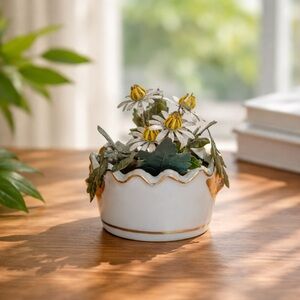 Vintage 1970’s Detailed Metal Flower In Porcelain Vase MANN KOREA